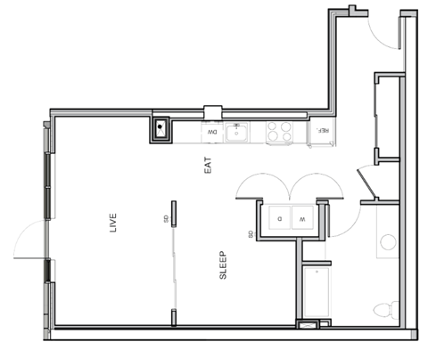 Floor plan for 1 bed, 1 bath, 789 sqft